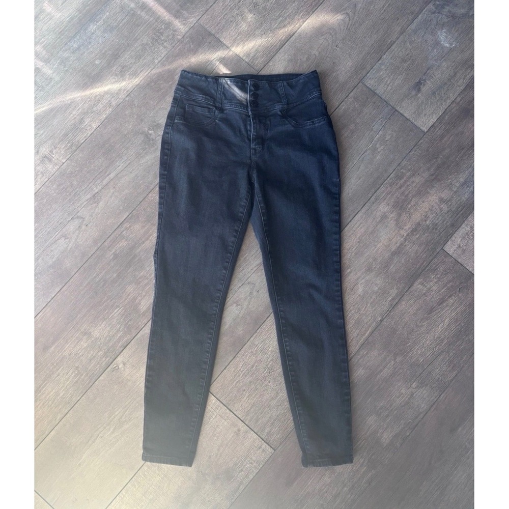 Maurices High Rise Skinny Jeans Faded Black 3 Button Wide Waistband Size S Short